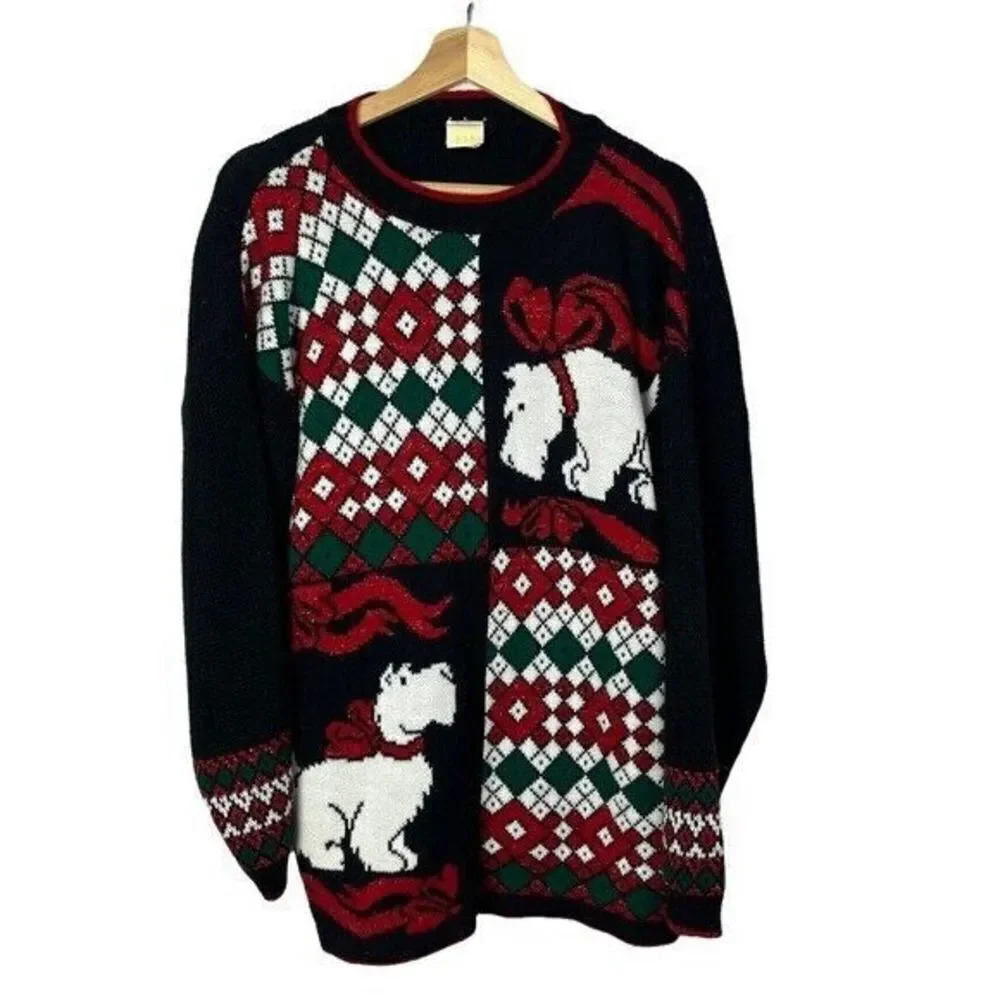 Vintage Holiday Time Scottie Dog Tacky Ugly Christmas Sweater M